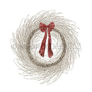 Ein Zweigkranz von Alexandra Renke mit einer roten Schleife aus gepunktetem Band, ideal für Papercraft-Projekte wie Grußkarten, vor einem weißen Hintergrund.