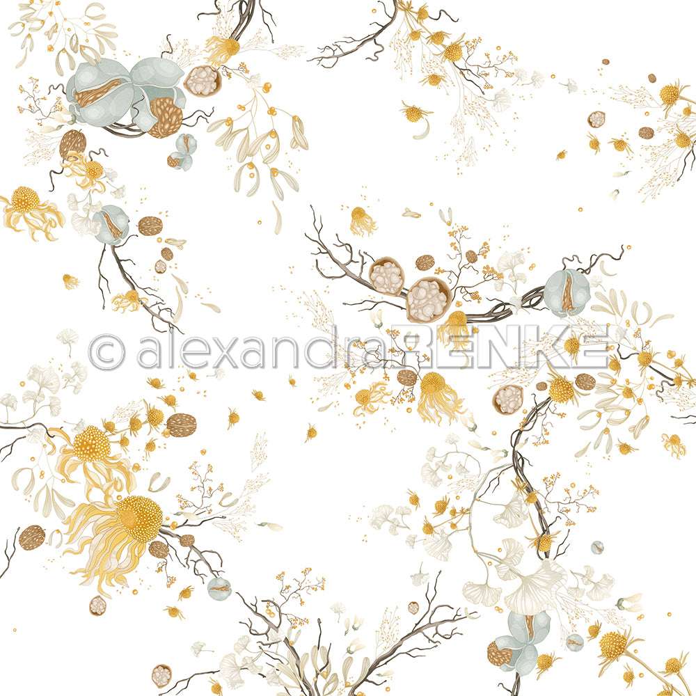 Zartes botanisches Muster mit Zweigen, Blättern, Blüten und Samenkapseln in Gold und Hellblau auf Weiß - ideal für Grußkarten oder elegantes Designpapier von Alexandra Renke.
