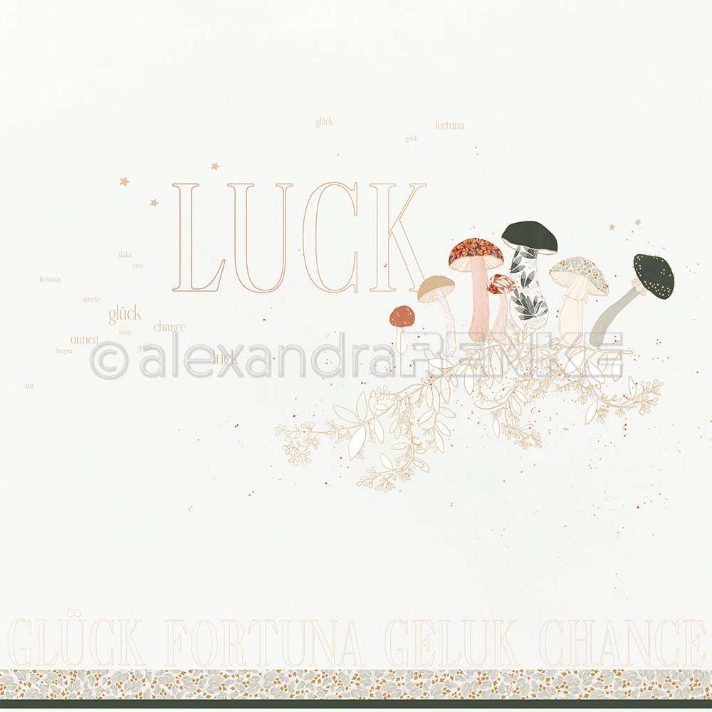 Das Wort "Luck" mit Pilzen, floralen Konturen und mehrsprachigen Übersetzungen auf weißem Designpapier von Alexandra Renke - ideal für Papierprojekte oder Buchbinderei.