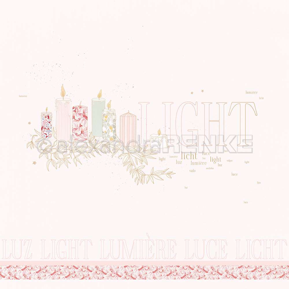 Fünf brennende Zierkerzen mit floralen Motiven und dem Wort LIGHT in vielen Sprachen auf hellem Hintergrund von Alexandra Renke - perfekt für Grußkarten oder kreative Papierprojekte.