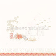 Minimalistische Illustration von Alexandra Renke mit Büchern, Blumen und beruhigenden Worten in verschiedenen Sprachen auf hellem Hintergrund - ideal für Papierprojekte oder zum Auslegen Ihres Lieblingsdesignpapiers.