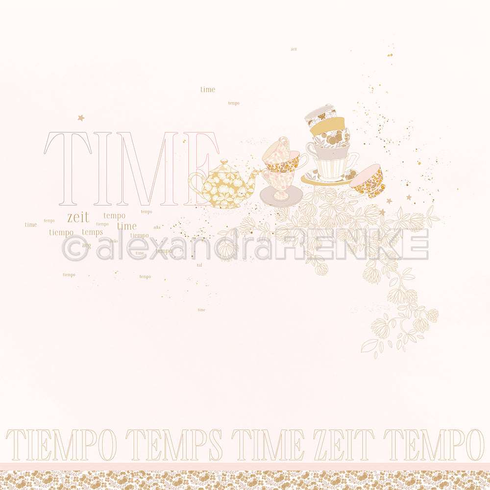 Gestapelte Teetassen und florale Motive mit "TIME" in verschiedenen Sprachen auf hellem Hintergrund - perfekt für Buchbinderei oder kreative Papierprojekte mit Ihrem Lieblingsdesignpapier von Alexandra Renke.