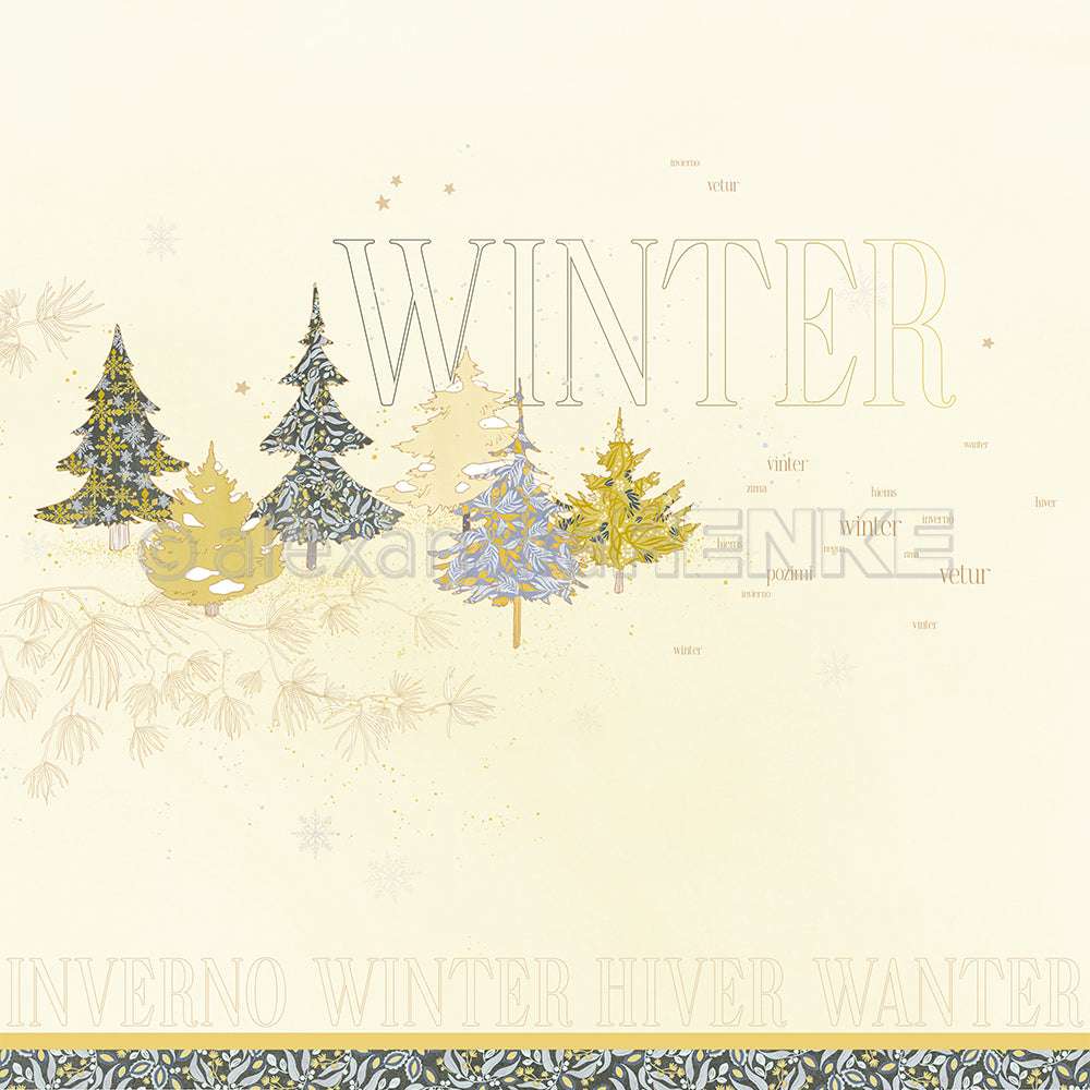 Illustration von Winterbäumen mit "WINTER" und Übersetzungen auf hellem Hintergrund von Alexandra Renke, ideal für Designpapier oder Papierprojekte. Features Typo Gemusterte Tannen Winter zur Inspiration für kreative Projekte.