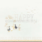 Fünf gemusterte Enten spazieren unter einem großen HAPPY, mit "happy" in verschiedenen Sprachen - eine bezaubernde Szene, ideal für Papierprojekte oder zur Aufwertung Ihrer Designpapier-Kollektion von Alexandra Renke.