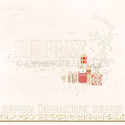 Gestapelte Geschenkschachteln und Blumen neben "SURPRISE" in mehreren Sprachen auf hellem Hintergrund - eine perfekte Inspiration für Designpapier- oder Papierbastelliebhaber von Alexandra Renke.