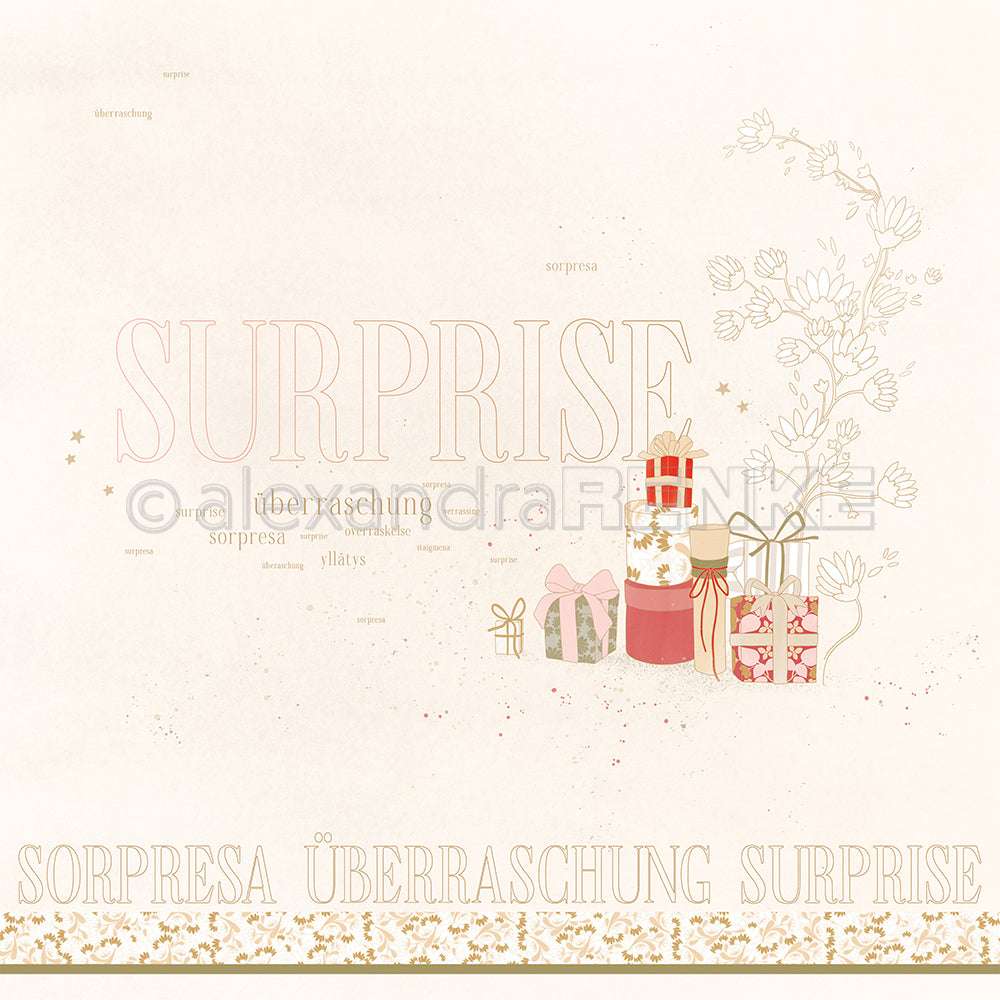 Gestapelte Geschenkschachteln und Blumen neben "SURPRISE" in mehreren Sprachen auf hellem Hintergrund - eine perfekte Inspiration für Designpapier- oder Papierbastelliebhaber von Alexandra Renke.