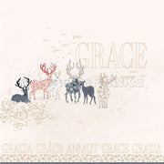 Illustration von sechs Rehen mit Blumen und "GRACE" in verschiedenen Sprachen/Schriften - perfektes Alexandra Renke Designpapier für Grußkarten oder einzigartige Papierprojekte.