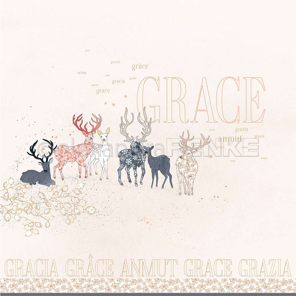 Illustration von sechs Rehen mit Blumen und "GRACE" in verschiedenen Sprachen/Schriften - perfektes Alexandra Renke Designpapier für Grußkarten oder einzigartige Papierprojekte.