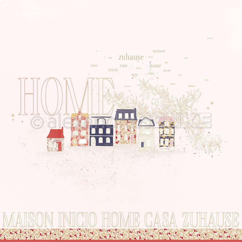 Alexandra Renke Illustration von bunten Häusern mit "HOME" und Übersetzungen, ideal für Papierprojekte, Buchbinderei, oder einzigartige Designpapier Kreationen.