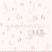 Pastellfarbene Kerzen, teilweise mit floralen Mustern, leuchten auf einem hellen Hintergrund mit goldenen Sternen und Blättern - die perfekte Inspiration für Alexandra Renke Papierprojekte oder Designpapier für Ihr nächstes kreatives Projekt.