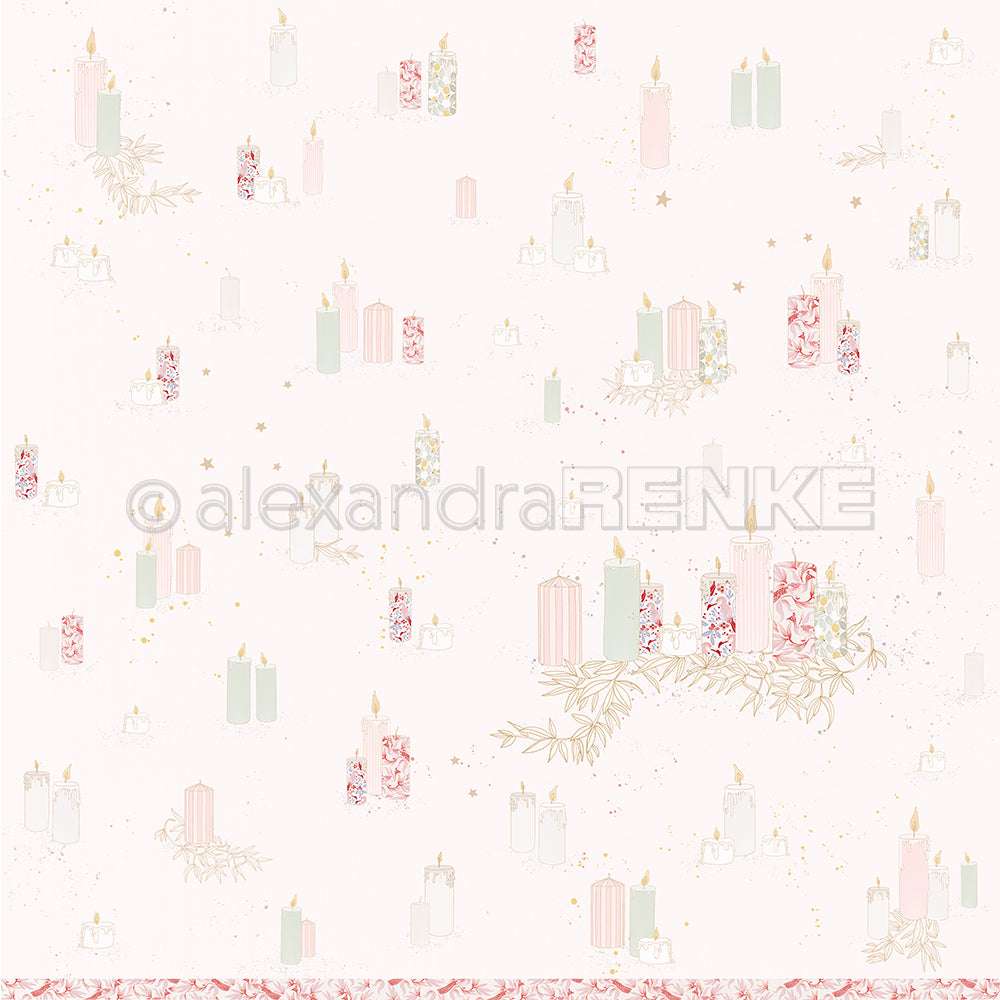 Pastellfarbene Kerzen, teilweise mit floralen Mustern, leuchten auf einem hellen Hintergrund mit goldenen Sternen und Blättern - die perfekte Inspiration für Alexandra Renke Papierprojekte oder Designpapier für Ihr nächstes kreatives Projekt.