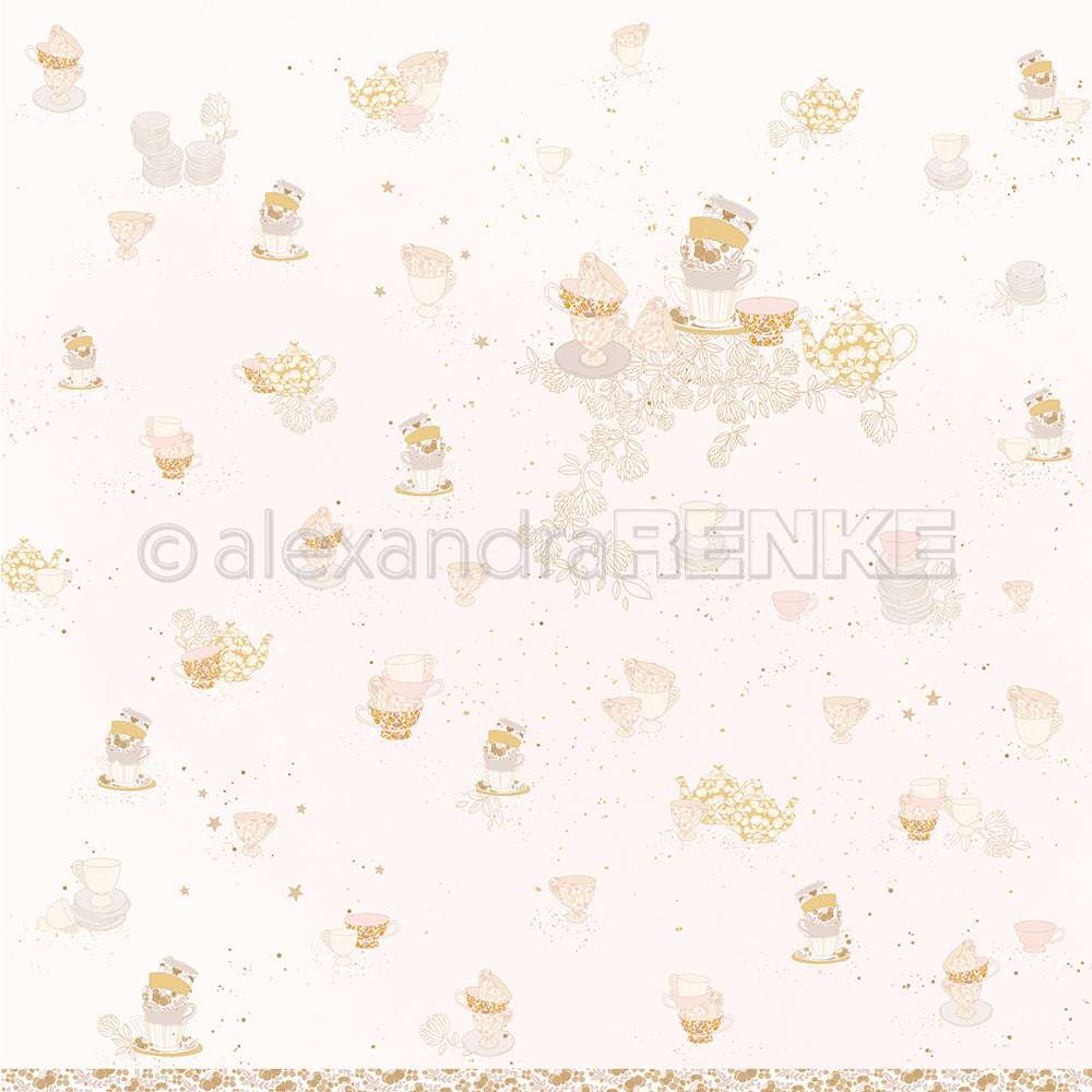 Illustrierte Teetassen, Teekannen und Gebäck mit Goldakzenten auf hellem Hintergrund - ideal als charmantes Designpapier für Grußkarten von Alexandra Renke oder für kreative Papierprojekte.