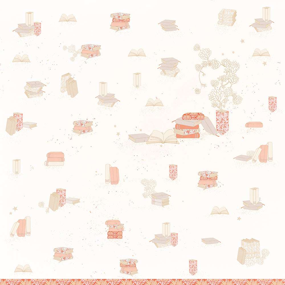 Die Mustertapete von Alexandra Renke zeigt verstreute Bücher - geöffnet und gestapelt - in sanften Pastelltönen mit floralen Akzenten auf hellem Hintergrund, perfekt für Papierprojekte oder zur Kombination mit Ihrem Lieblingsdesignpapier.