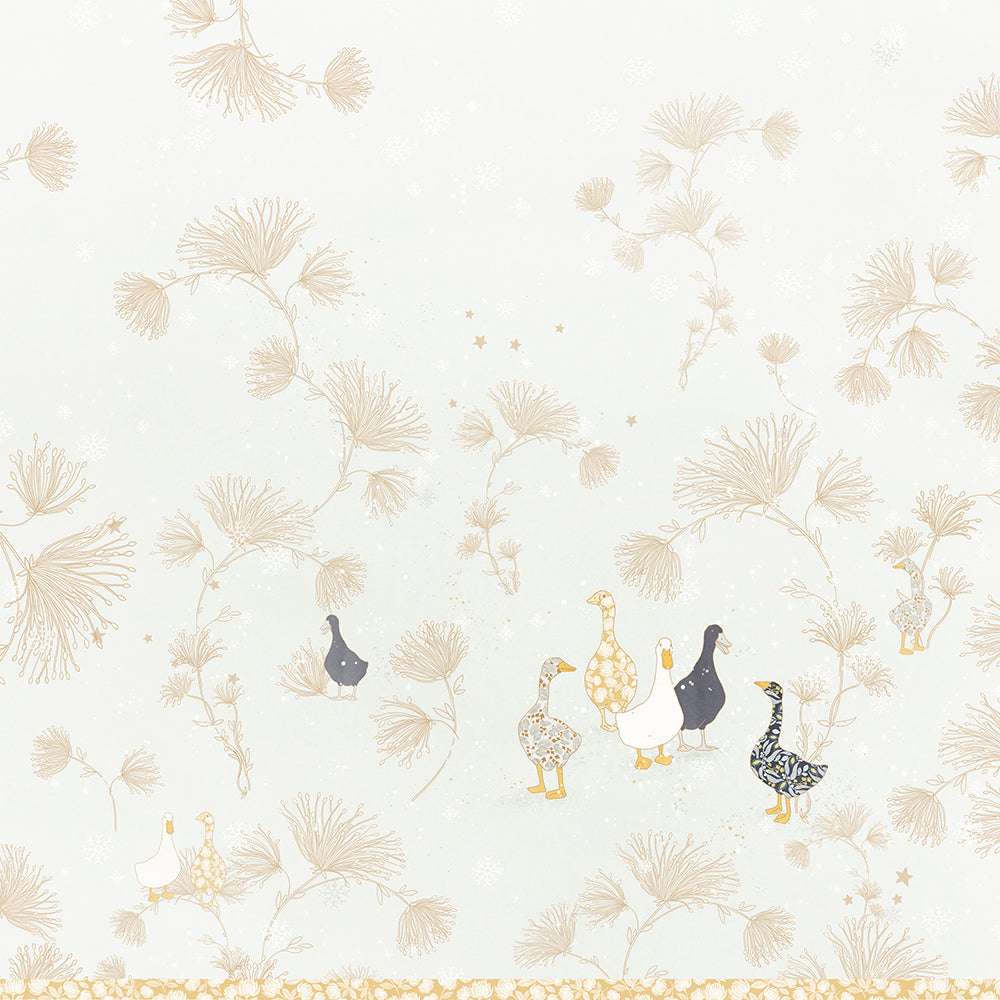 Sechs Enten stehen in einer Reihe auf einem hellen Hintergrund mit zarten goldenen botanischen Mustern - perfektes Alexandra Renke Designpapier für Papierprojekte oder zum Basteln charmanter Grußkarten.