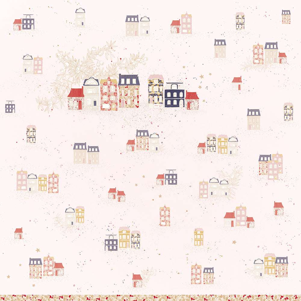 Pastellfarben illustrierte Häuser und Gebäude mit Sternen und Blättern auf hellem Hintergrund - ideales Designpapier von Alexandra Renke für Grußkarten oder kreative Papierprojekte.