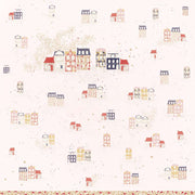 Pastellfarben illustrierte Häuser und Gebäude mit Sternen und Blättern auf hellem Hintergrund - ideales Designpapier von Alexandra Renke für Grußkarten oder kreative Papierprojekte.