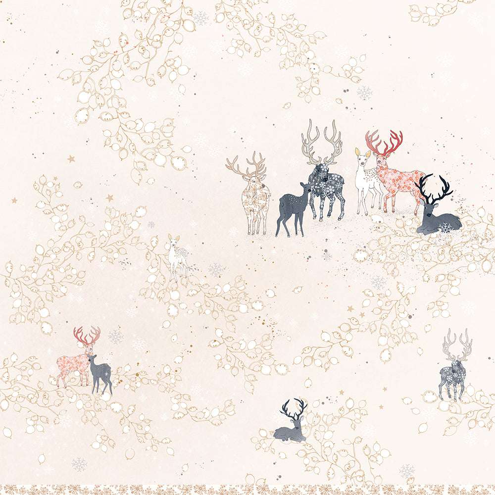 Zarte Illustration von Gemusterten Hirschen in verschiedenen Farben, mit goldenen Zweigen auf hellem Hintergrund-perfekt als elegantes Designpapier für Papierprojekte von Alexandra Renke.