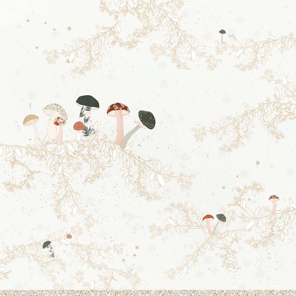 Zarte Pilze und Blätter auf hellem Hintergrund mit dezenten Blumen- und Sternenmustern - dieses Designpapier von Alexandra Renke ist perfekt für Papierprojekte wie Grußkarten.