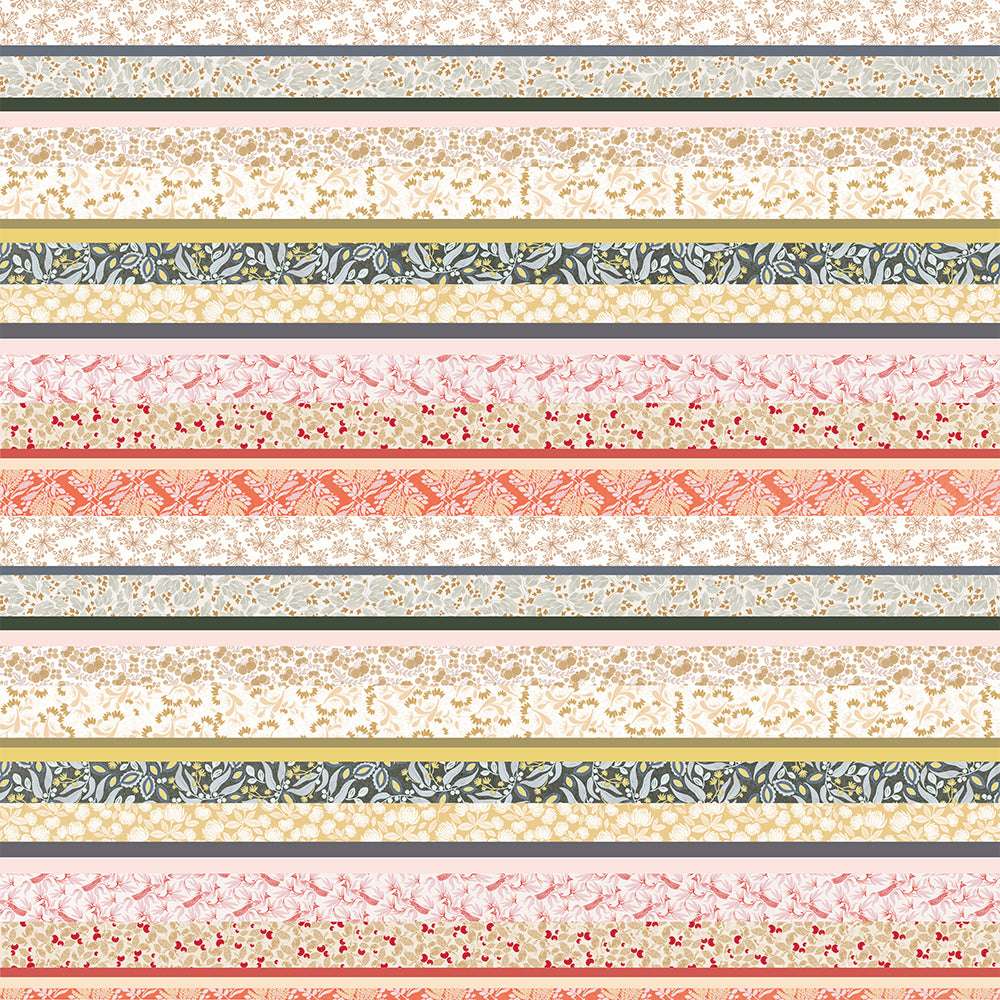 Gedämpftes Rosa, Beige, Grün und Koralle als Querstreifen mit Blumen- und Blattmotiven von Alexandra Renke - ideal für Designpapier, Grußkarten oder kreative Papierprojekte.