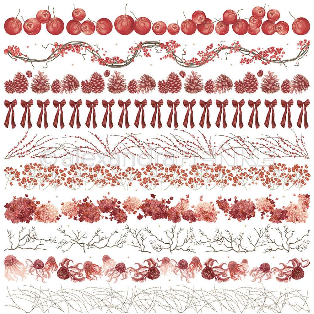 Reihen roter botanischer Elemente - Beeren, Äste, Schleifen, Tannenzapfen, Blumen und Zweige - auf Weiß. Perfekt für festliche Karten oder Papierprojekte. Von Alexandra Renke.