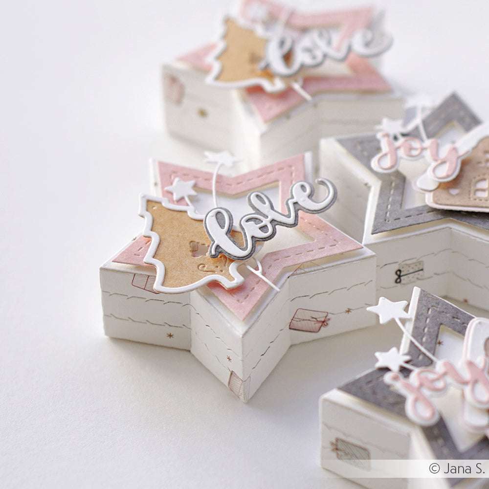 Sternförmige Geschenkboxen von Alexandra Renke mit geschichtetem pastellfarbenem Designpapier und kursiven "love" und "joy" Toppern - perfekt für Papierarbeiten oder um Geschenke-Gewusel Rosa-Flair in Ihre Geschenke zu bringen.
