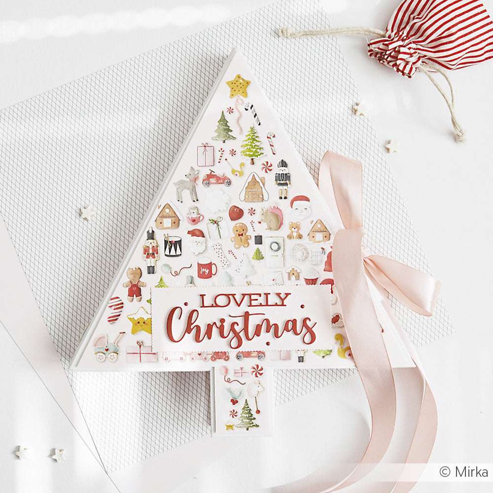 Weihnachtsbaumförmige Schachtel von Alexandra Renke mit festlichen Symbolen, rosa Schleife und "Lovely Christmas"-Text - ideal für Papierprojekte oder als charmanter Akzent für Ihre DIY-Grußkarten.