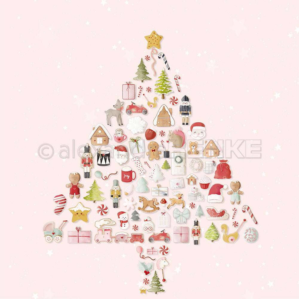 Weihnachtsplätzchen und -süßigkeiten in Tannenform Rosa auf einem zartrosa Hintergrund von Alexandra Renke - ideal, um Ihrem Designpapier oder Ihren Papercraft-Projekten festlichen Charme zu verleihen.