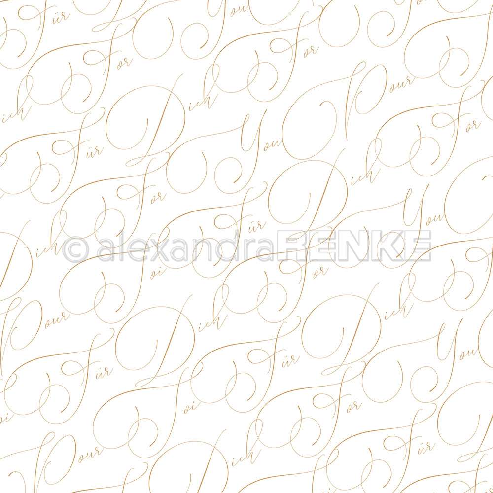 Die goldene Schreibschrift mit dem Schriftzug "Für Dich" wiederholt sich auf weißem Hintergrund - perfektes Alexandra Renke Designpapier für handgefertigte Grußkarten oder kreative Buchbindeprojekte.