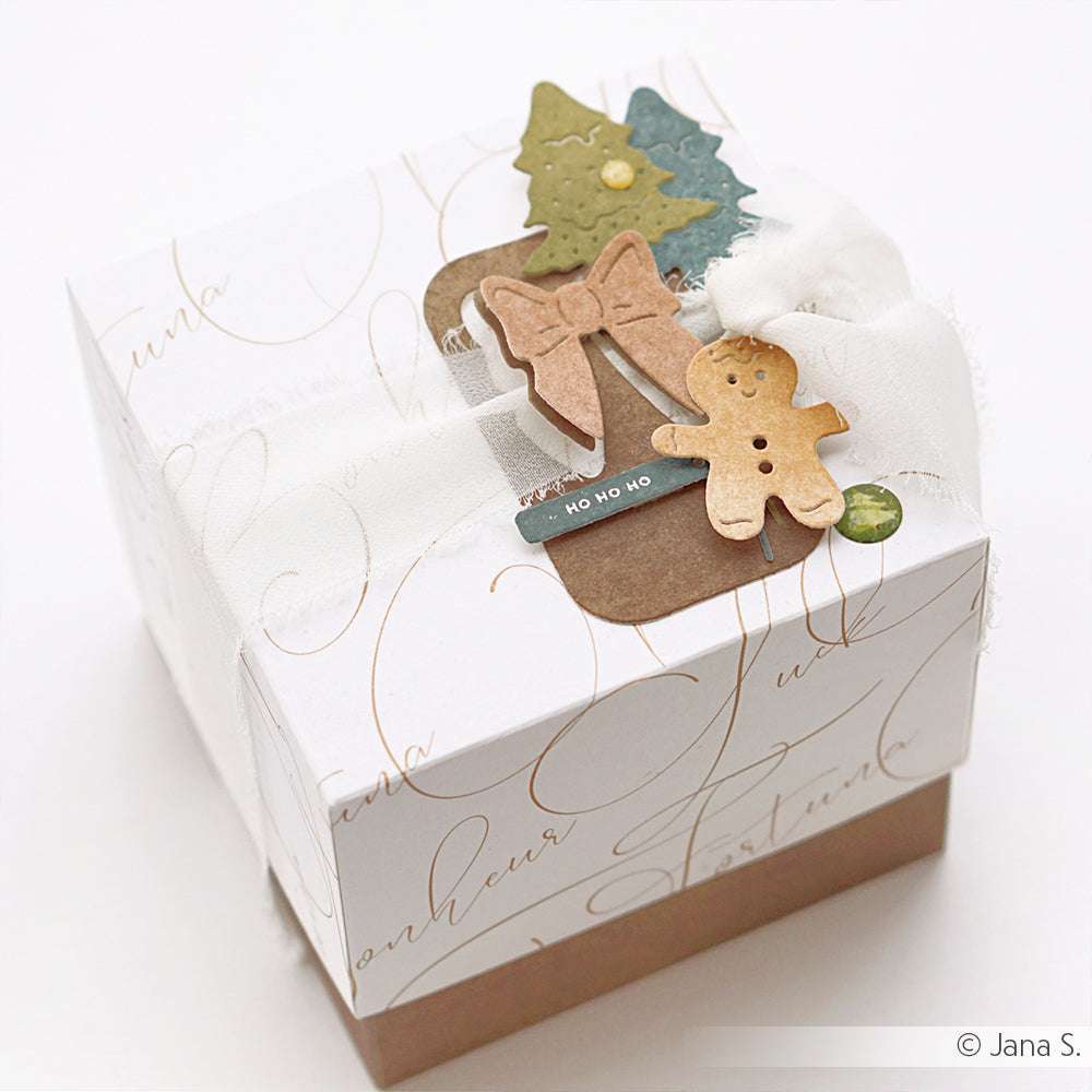 Weiße Geschenkschachtel mit Schriftzug, eingewickelt in durchsichtigen Stoff und verziert mit Baum, Schleife und Lebkuchenmännchen - eine festliche Idee von Alexandra Renke mit Urlaubsdesignpapier, perfekt für charmante Weihnachtsgeschenke.