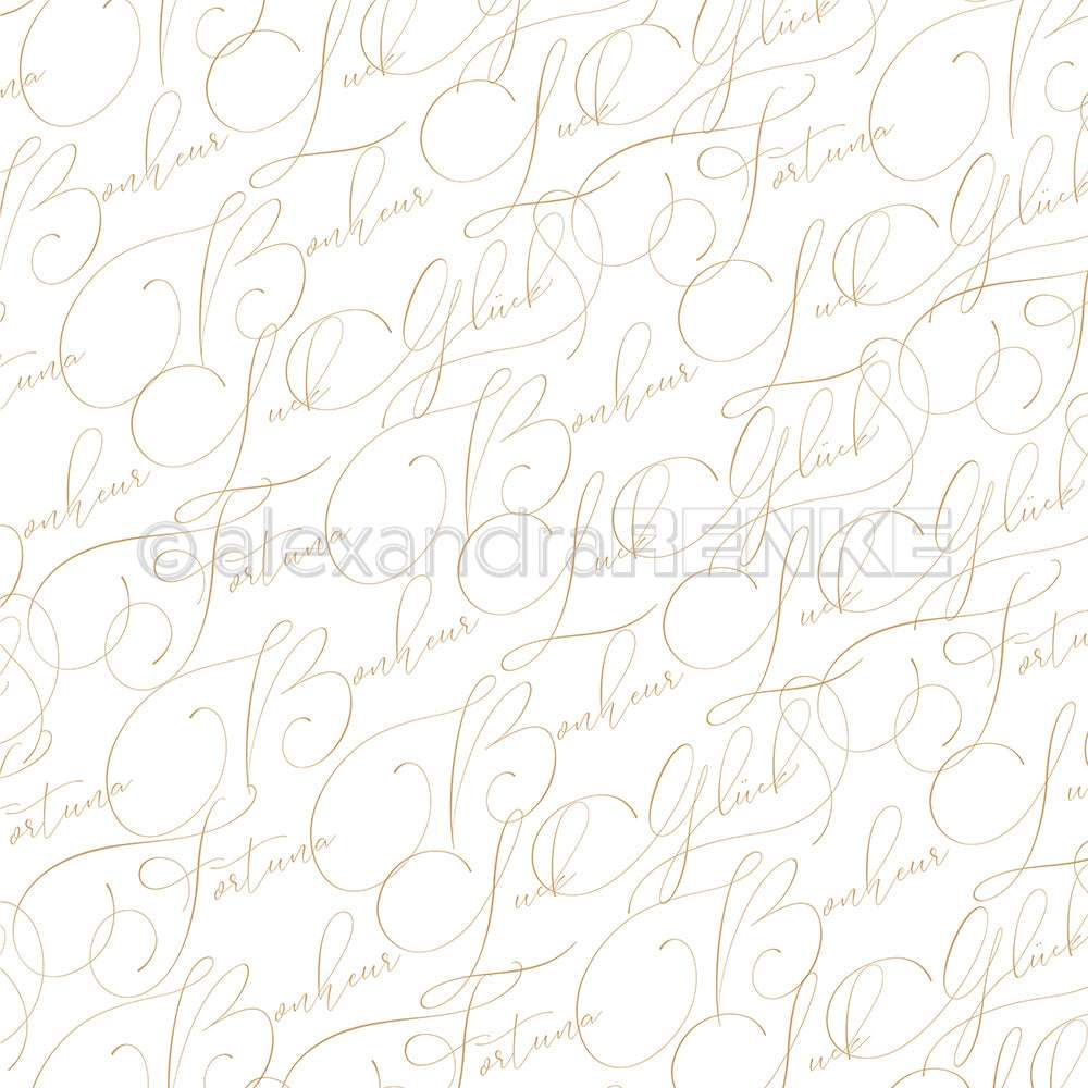 Nahtloses Muster von Alexandra Renke mit eleganter goldener Schreibschrift auf weißem Grund - ideal zum Buchbinden oder für Papierarbeiten.