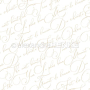 Elegante goldene Schreibschrift wiederholt französische und englische Sätze auf weißem Grund, wodurch ein nahtloses Muster entsteht - ideal für Alexandra Renke Designpapier, Grußkarten oder exquisite Buchbinderei-Projekte.