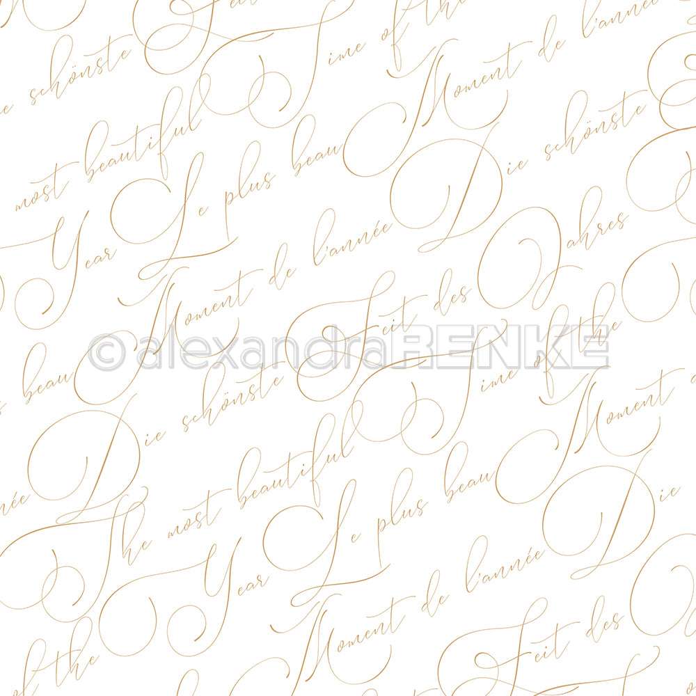 Elegante goldene Schreibschrift wiederholt französische und englische Sätze auf weißem Grund, wodurch ein nahtloses Muster entsteht - ideal für Alexandra Renke Designpapier, Grußkarten oder exquisite Buchbinderei-Projekte.