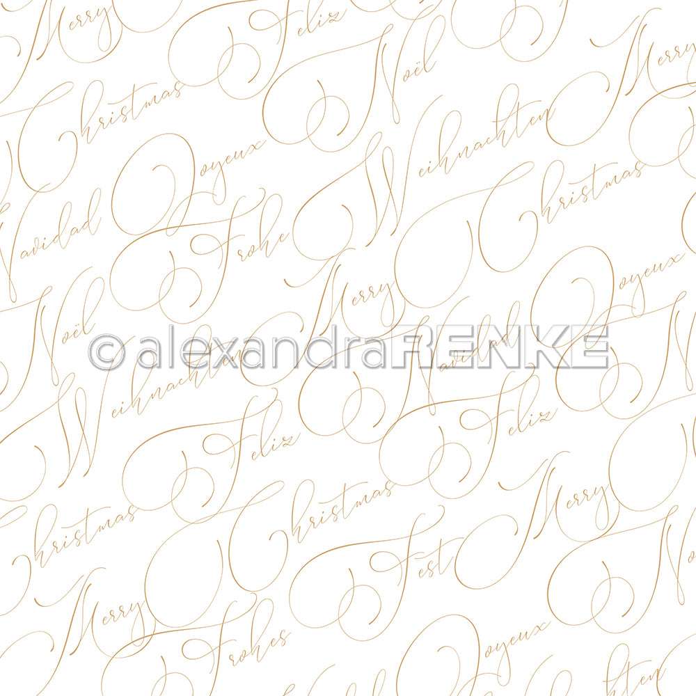 Elegante goldene Schriftzüge wie Noel und Frohe Weihnachten auf weißem Hintergrund von Alexandra Renke - ideal für Papierprojekte oder als festliches Designpapier.