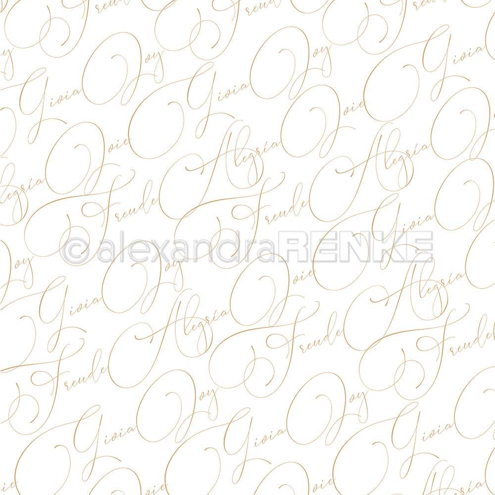 Nahtloses Muster aus eleganten goldenen kursiven Wörtern wie Gloria und Friend auf Weiß, perfekt für Papierprojekte oder als stilvolles Designpapier. Mit Alexandra Renke's Typo Freude International Gold Akzenten für einen luxuriösen Touch.