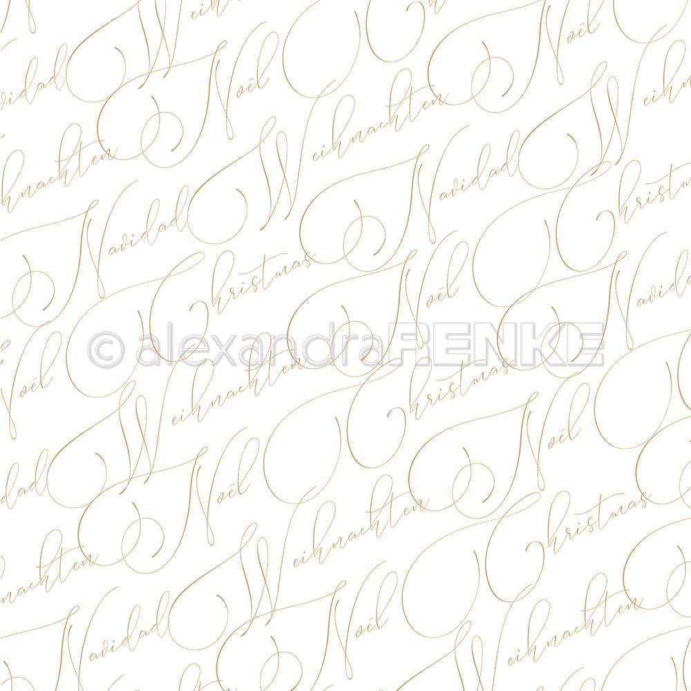 Elegantes nahtloses Muster mit "Noel", "Weihnachten" und "Christmas" in goldener Schrift auf Weiß von Alexandra Renke - ideales Designpapier für Grußkarten oder festliche Papierprojekte.