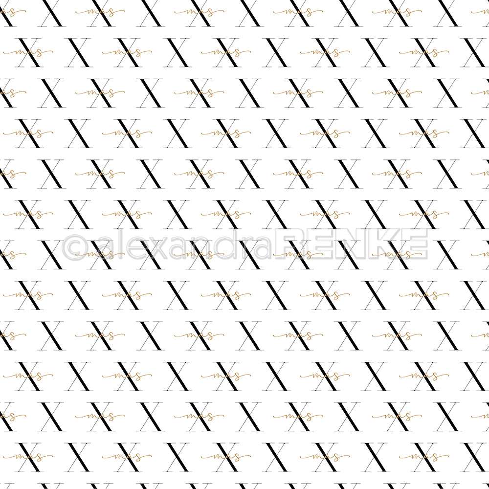 Ein diagonales Muster aus schwarzen X und kleiner goldener Schrift auf Weiß von Alexandra Renke-perfektes Designpapier für Buchbinderei oder Papierprojekte.