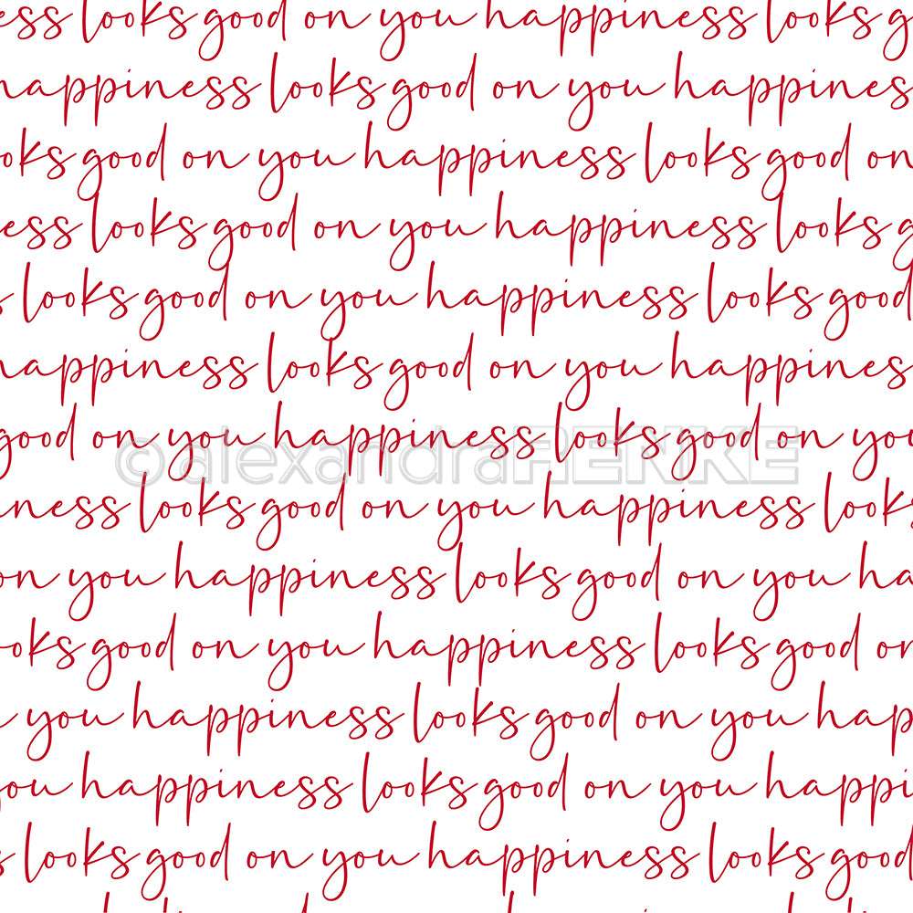 Der rote kursive Text "Glück steht dir gut" wiederholt sich auf weißem Hintergrund - ein ideales Designpapier von Alexandra Renke für Grußkarten und Papierprojekte.