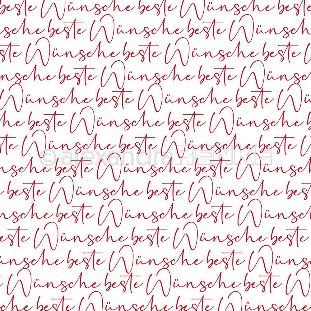 Roter kursiver deutscher Text "Wünsche beste" wiederholt sich in einem nahtlosen Muster auf Weiß, ideal als Designpapier für Grußkarten oder Buchbinderei. Marke: Alexandra Renke.