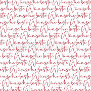 Roter kursiver deutscher Text "Wünsche beste" wiederholt sich in einem nahtlosen Muster auf Weiß, ideal als Designpapier für Grußkarten oder Buchbinderei. Marke: Alexandra Renke.