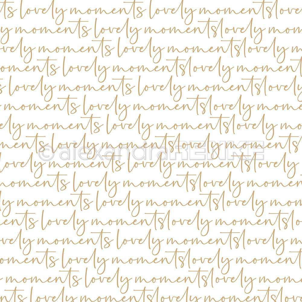 Sich wiederholende handschriftliche Schrift in brauner Tinte mit dem Text "lovely moments" auf weißem Grund - perfekt als elegantes Designpapier oder für Papierprojekte von Alexandra Renke.