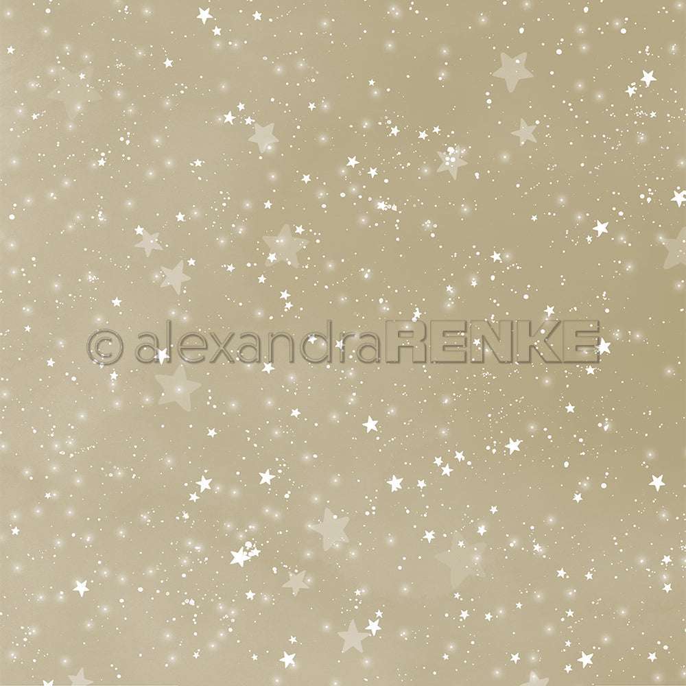 Beigefarbener Hintergrund mit verstreuten weißen Sternen und Glitzern, die eine verträumte Aquarell Sternenhimmel Stimmung erzeugen - ideales Designpapier für Papierprojekte von Alexandra Renke.