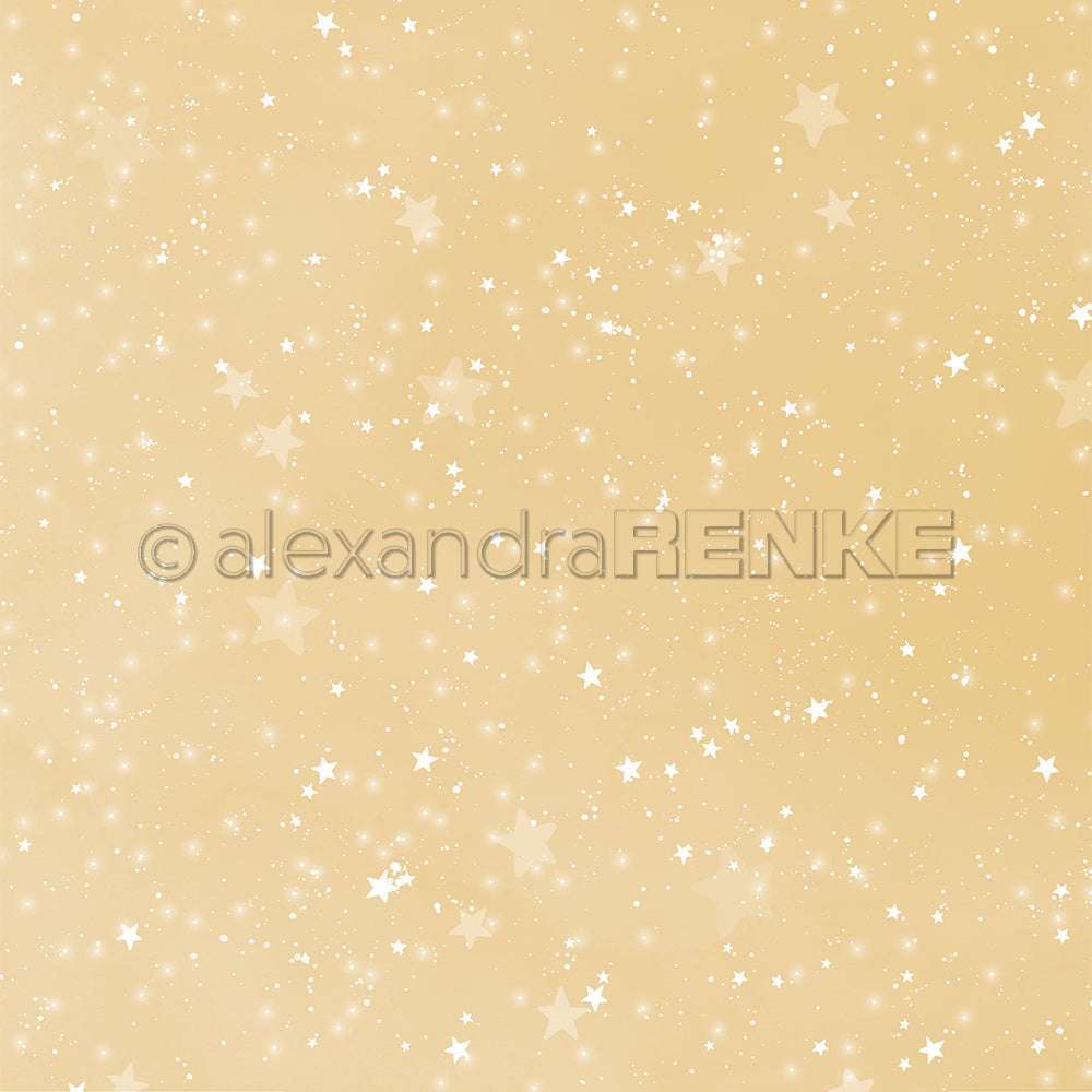 Hellgelber Hintergrund mit verstreuten weißen Sternen und Glitzern, inspiriert von Alexandra Renkes Designpapier Aquarell Sternenhimmel - ideal für kreative Projekte wie Papierprojekte oder Buchbinderei, die einen verträumten Touch verleihen.