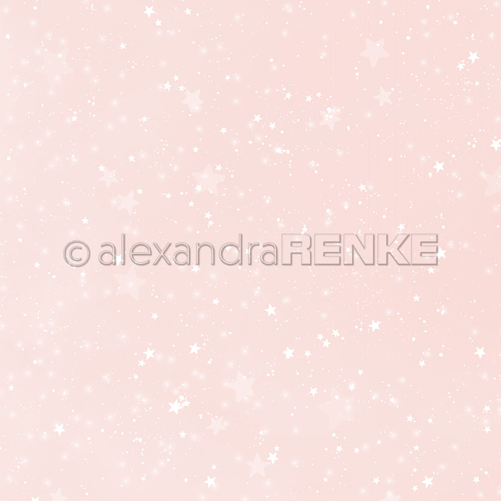 Zartrosa Hintergrund mit verstreuten weißen Sternen und Glitzern in verschiedenen Größen von Alexandra Renke-ideal Designpapier für Papierprojekte, das an den verträumten Aquarell Sternenhimmel erinnert.