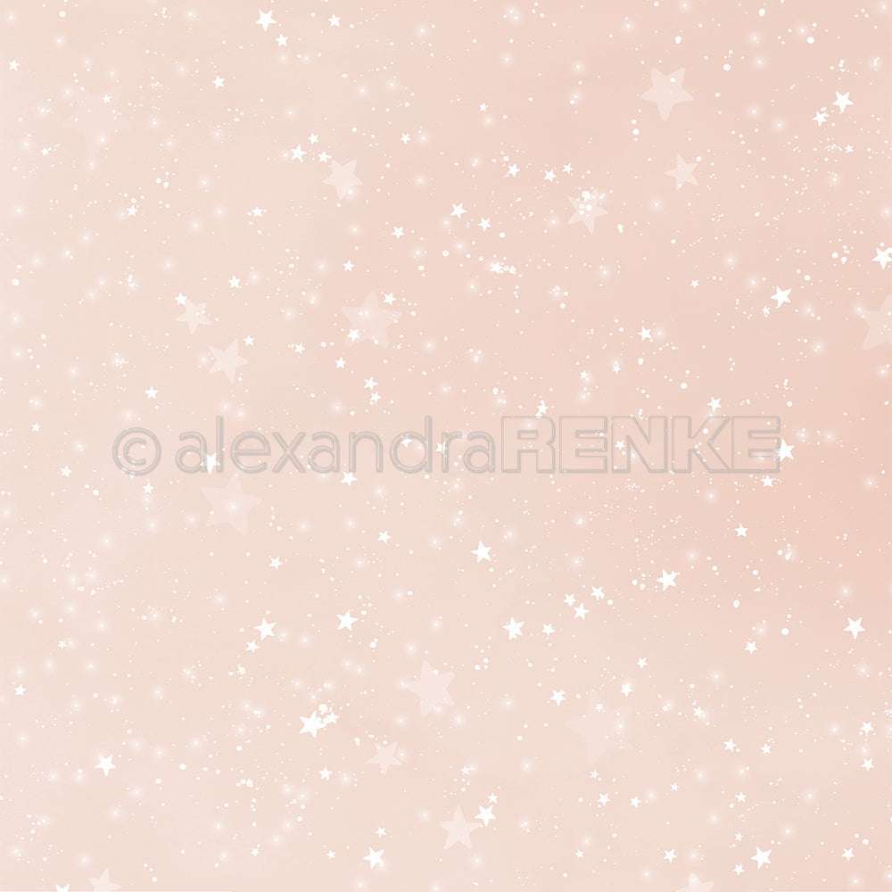 Zartrosa Hintergrund mit verstreuten weißen Sternen, Glitzern und einem verträumten Schimmer - perfekt als Alexandra Renke Designpapier für Papierprojekte oder Aquarell Sternenhimmel Themen.