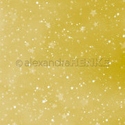 Goldener Hintergrund mit verstreuten weißen Sternen und Glitzern, die an Aquarell Sternenhimmel erinnern; Wasserzeichen "Alexandra Renke" in der Mitte.