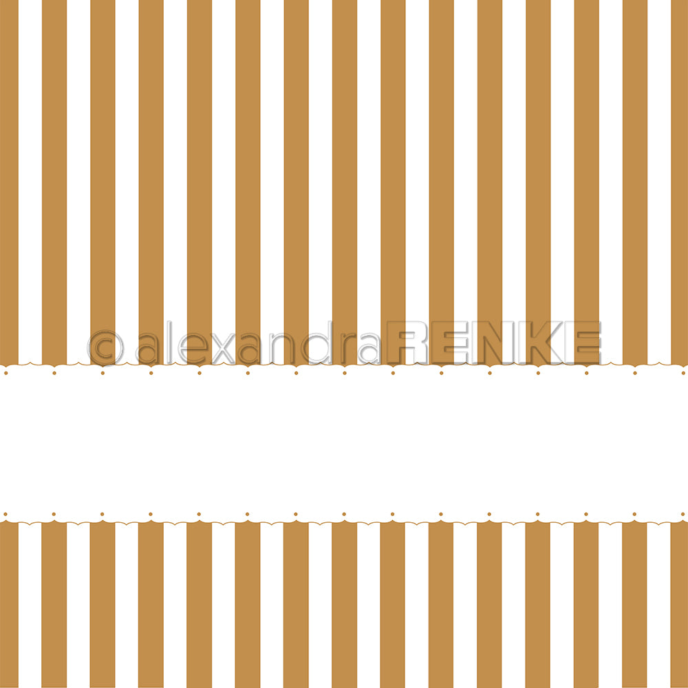 Das Alexandra Renke Designpapier zeigt vertikale gold-weiße Streifen mit einem weißen, leeren Band in der Mitte, perfekt für Papierprojekte. Eine dezente Pünktchen-Bordüre mit Streifen Gold setzt einen eleganten Akzent für kreative Gestaltungsideen.