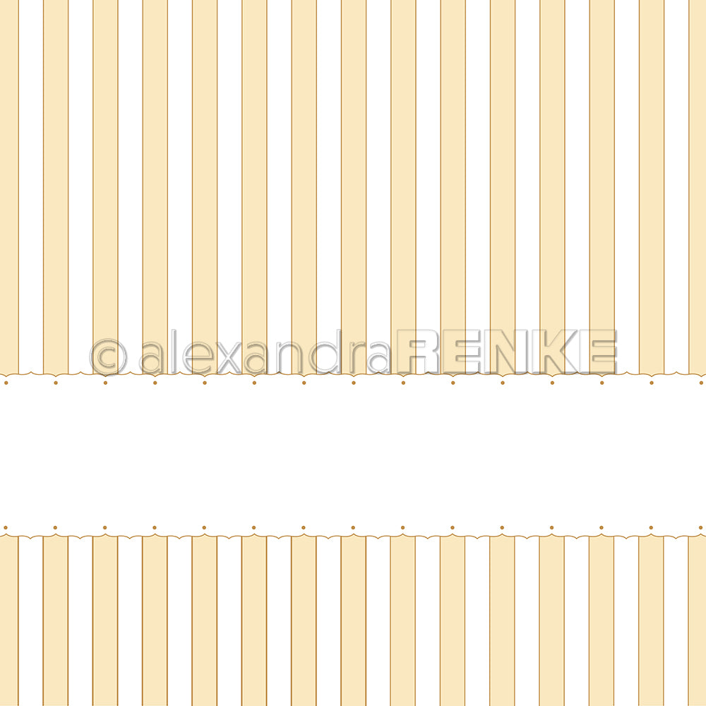 Beige und weiße vertikale Streifen mit einem leeren horizontalen Streifen, perfekt für Papierprojekte. Dieses Alexandra Renke Designpapier hat eine gepunktete Umrandung und beigefarbene Streifen für einen charmanten Touch.