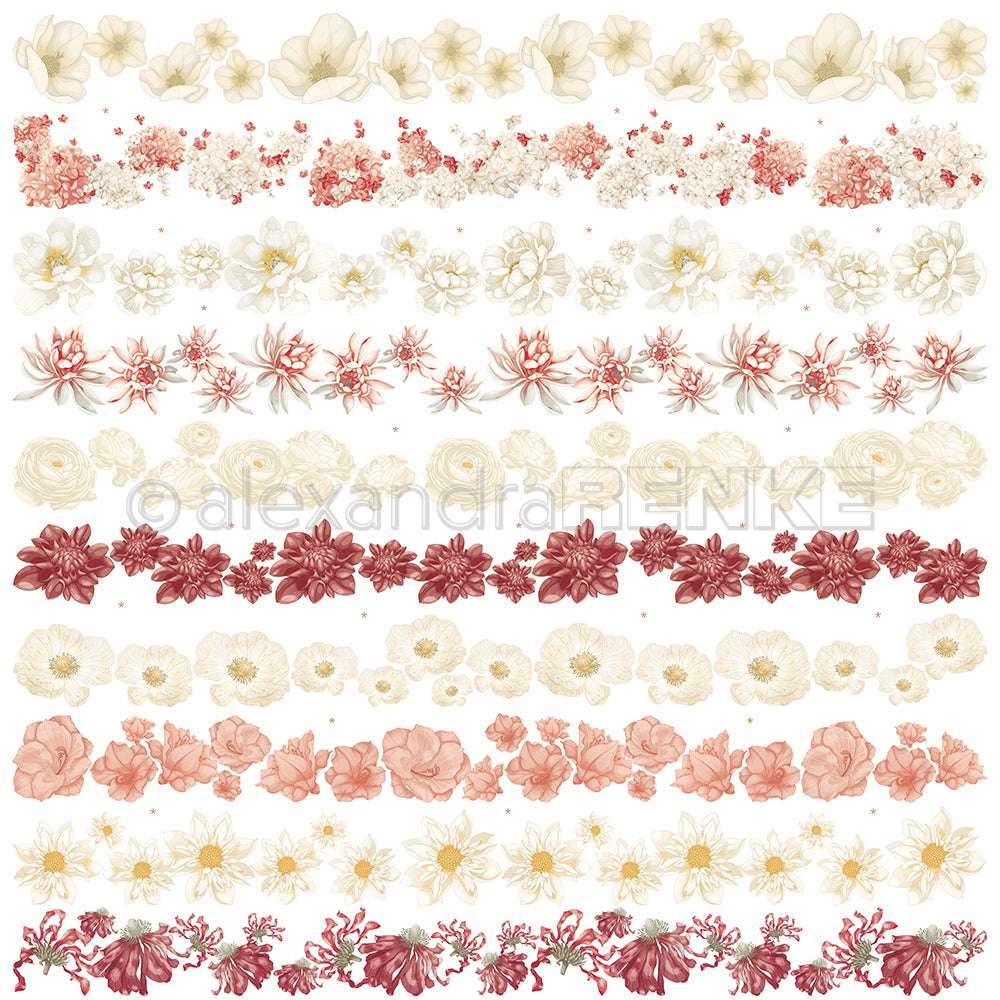 Reihen zarter, handgezeichneter weißer, roter und rosafarbener Blumen auf weißem Hintergrund - perfekt als Designpapier von Alexandra Renke für Papierprojekte oder um Ihren Bastelarbeiten eine Florale Streifen Rot-Rosé Note zu verleihen.