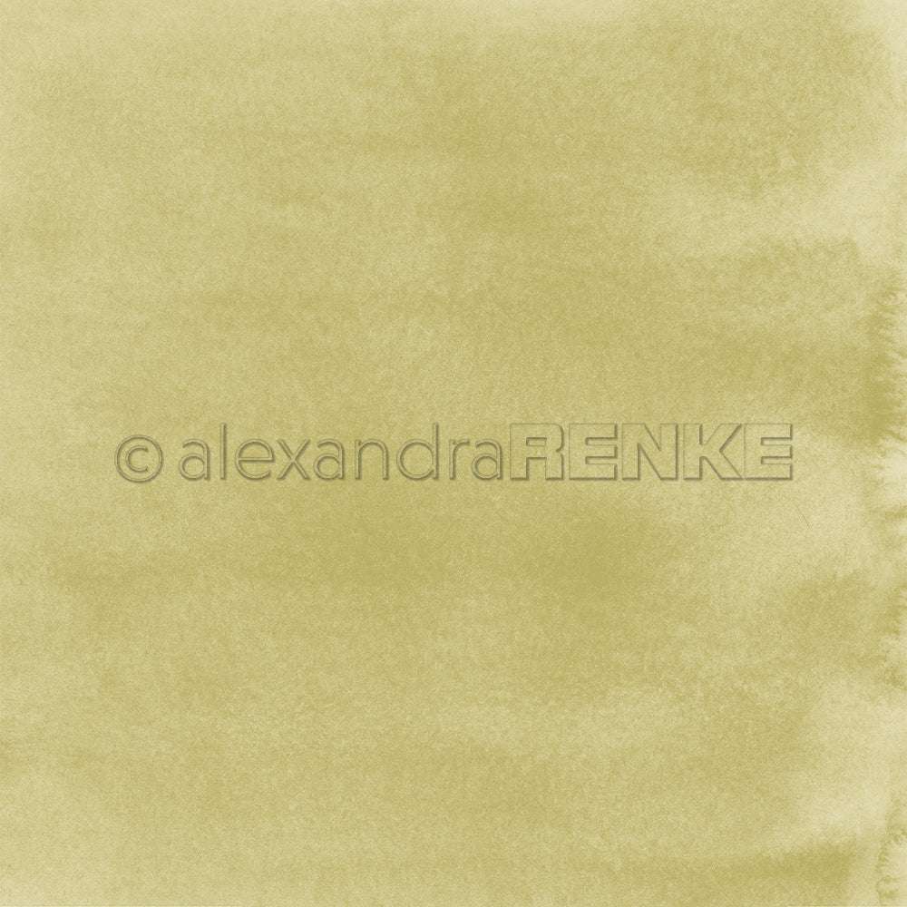 Weicher, ungleichmäßig schattierter, hellolivgrüner Aquarellhintergrund mit dezentem Randmuster - perfekt für Alexandra Renke Designpapier oder kreative Papierprojekte.