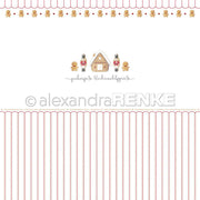 Skurriles Weihnachtsdesign von Alexandra Renke mit einem Lebkuchenhaus, Nussknackern und Lebkuchenmännern auf weißem und gestreiftem Hintergrund mit rotem Rand - perfekt für festliche Papierprojekte.